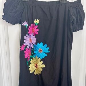 Women's Off the Shoulder Midi Dress Deep Black Floral Embroidered Size Medium